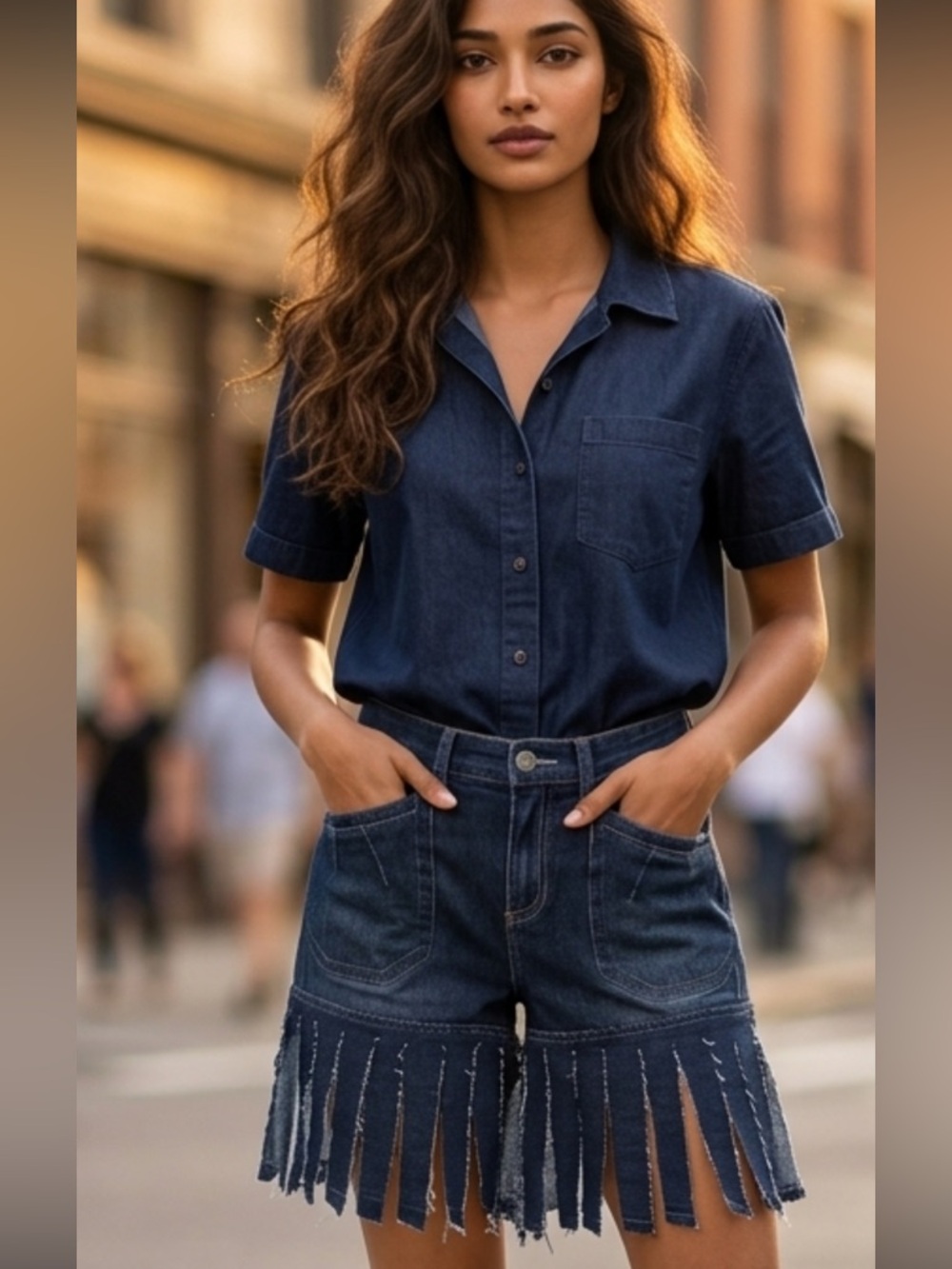 Upcycled DKNY Jeans Dark Wash Fringed Denim Shorts size M - Picture 6 of 6